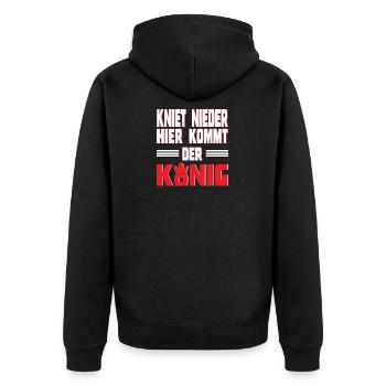 Lustiger Spruch Hier kommt der König Geschenkidee - Unisex Premium Bio Zip Hoodie - Schwarz - Hinten - Nico (187cm)