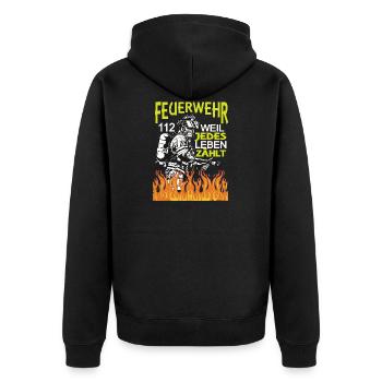 Feuerwehr,112. Weil jedes Leben Zählt. - Unisex Premium Bio Zip Hoodie - Schwarz - Hinten - Nico (187cm)