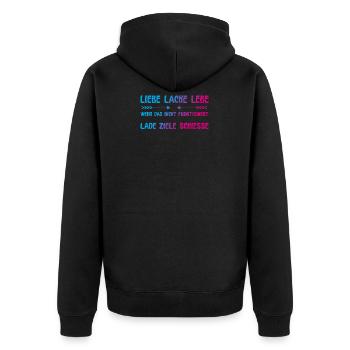 Liebe Lache Lebe lustiger Spruch - Unisex Premium Bio Zip Hoodie - Schwarz - Hinten - Nico (187cm)