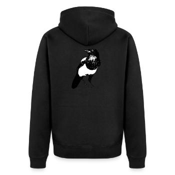 Elster Vogel * Magpie Bird * Jack Joblin Design - Unisex Premium Bio Zip Hoodie - Schwarz - Hinten - Nico (187cm)