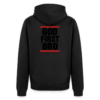 GOD FIRST BRO By Crazy - Unisex Premium Organic Zip Hoodie - black - Back - Nico (187cm)