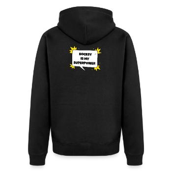 Hockey ist meine Supermacht. - Unisex Premium Bio Zip Hoodie - Schwarz - Hinten - Nico (187cm)