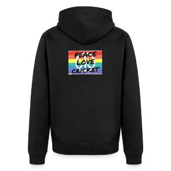 Frieden. Liebe. Kricket - Unisex Premium Bio Zip Hoodie - Schwarz - Hinten - Nico (187cm)
