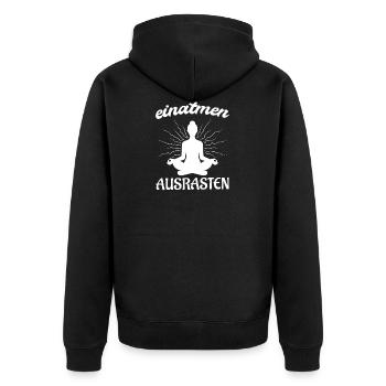 Einatmen Ausrasten - Lustig Yoga Vintage Spruch - Unisex Premium Bio Zip Hoodie - Schwarz - Hinten - Nico (187cm)