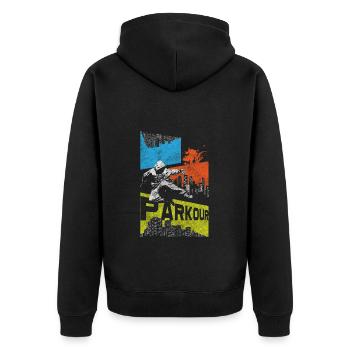 Freerunning Laufen Mutig Abenteuer - Unisex Premium Bio Zip Hoodie - Schwarz - Hinten - Nico (187cm)