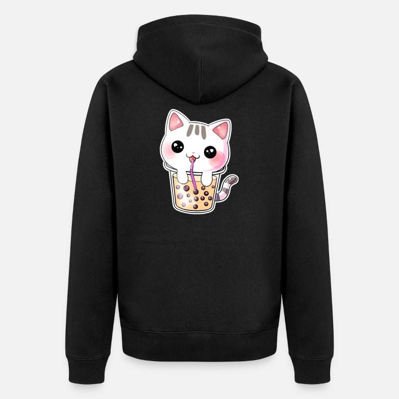 Kawaii Bubble Tea Katze - Unisex Premium Bio Zip Hoodie - Schwarz
