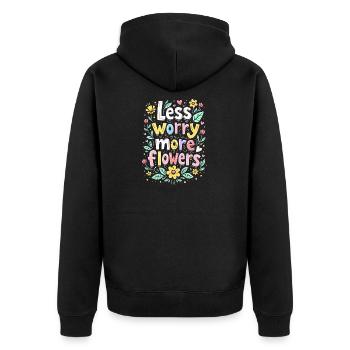 WENIGER SORGEN, MEHR BLUMEN - Unisex Premium Bio Zip Hoodie - Schwarz - Hinten - Nico (187cm)