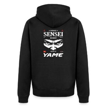 Sensei Böse Blick – Yame Design - Unisex Premium Bio Zip Hoodie - Schwarz - Hinten - Nico (187cm)