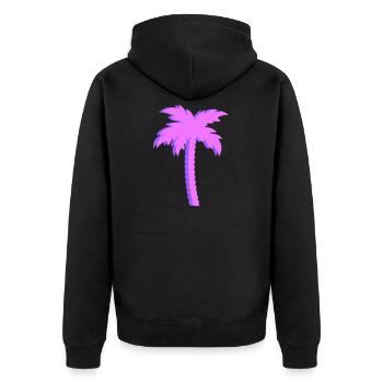 Lila Palmen Gradient - Unisex Premium Bio Zip Hoodie - Schwarz - Hinten - Nico (187cm)