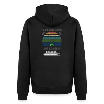 Gamer Leveln Loading Retro Sonnenburst - Unisex Premium Bio Zip Hoodie - Schwarz - Hinten - Nico (187cm)