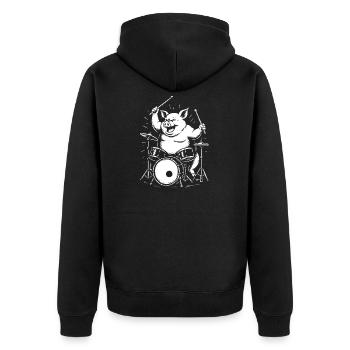 Funny Pig spielt Schlagzeug - Unisex Premium Bio Zip Hoodie - Schwarz - Hinten - Nico (187cm)