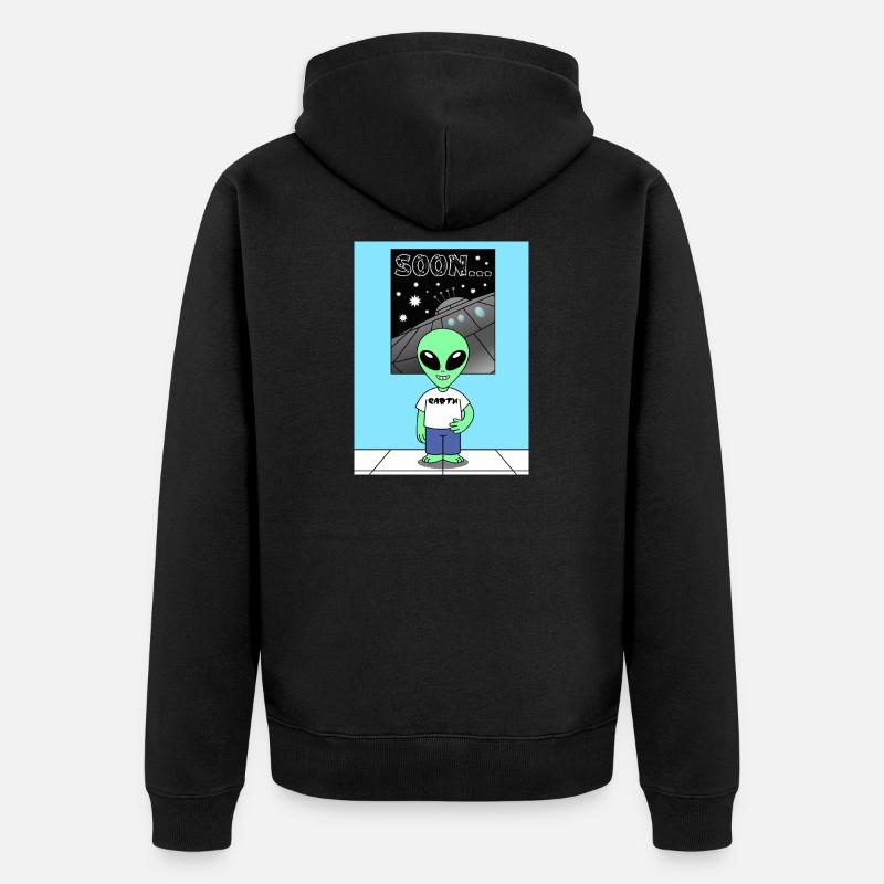 Alien devant le vaisseau spatial Terre - Veste à capuche bio Premium Unisexe - noir