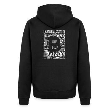 Satoshi Nakamoto Krypto-Collage - Unisex Premium Bio Zip Hoodie - Schwarz - Hinten - Nico (187cm)