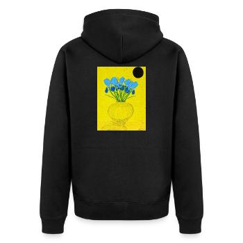 Vase mit blauer Iris auf gelbem Grund - Unisex Premium Bio Zip Hoodie - Schwarz - Hinten - Nico (187cm)
