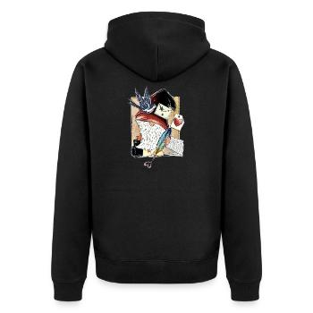 Niedlicher Buchzwerg mit Federherz - Unisex Premium Bio Zip Hoodie - Schwarz - Hinten - Nico (187cm)