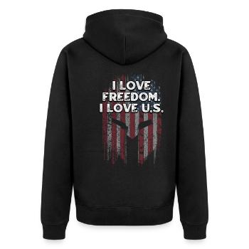 Ich liebe die Freiheit Ich liebe die patriotischen Amerikaner der USA - Unisex Premium Bio Zip Hoodie - Schwarz - Hinten - Nico (187cm)