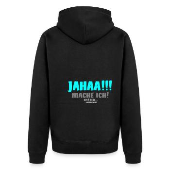 Jahaa mache ich später vielleicht [iceblue gray] - Unisex Premium Bio Zip Hoodie - Schwarz - Hinten - Nico (187cm)