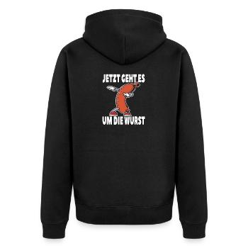 Jetzt geht es um die Wurst - Unisex Premium Bio Zip Hoodie - Schwarz - Hinten - Nico (187cm)