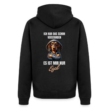 Schon verstanden, es ist mir nur egal Dackel - Unisex Premium Bio Zip Hoodie - Schwarz - Hinten - Nico (187cm)