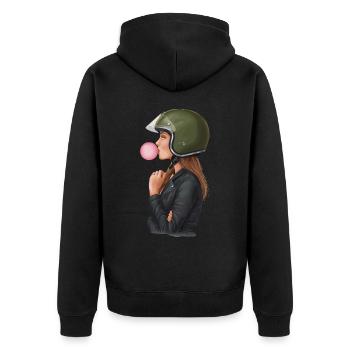 Coole Motorradfahrerin Bikerin kaut Kaugummi - Unisex Premium Bio Zip Hoodie - Schwarz - Hinten - Nico (187cm)