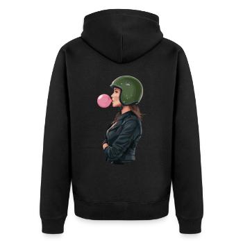 Coole Motorradfahrerin Bikerin kaut Kaugummi - Unisex Premium Bio Zip Hoodie - Schwarz - Hinten - Nico (187cm)