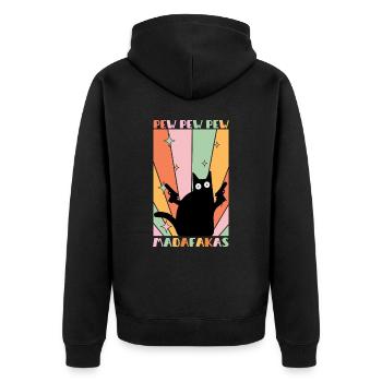 Pew Pew Madafakas Lustiges Katze Design - Unisex Premium Bio Zip Hoodie - Schwarz - Hinten - Nico (187cm)