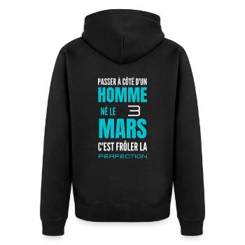 Anniversaire homme né le 3 mars - Veste à capuche bio Premium Unisexe - noir - Dos - Nico (187cm)