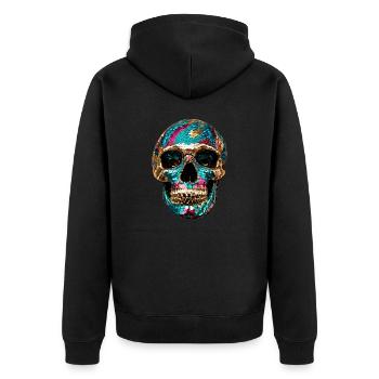 Totenkopf,metallisch,pailletten,nieten,gold,silber - Unisex Premium Bio Zip Hoodie - Schwarz - Hinten - Nico (187cm)