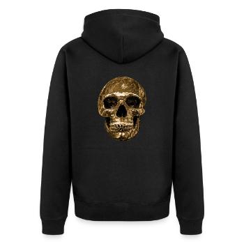 Totenkopf,metallisch,pailletten,nieten,gold - Unisex Premium Bio Zip Hoodie - Schwarz - Hinten - Nico (187cm)