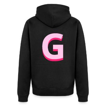 Pop- und moderner rosafarbener Buchstabe g - Unisex Premium Bio Zip Hoodie - Schwarz - Hinten - Nico (187cm)
