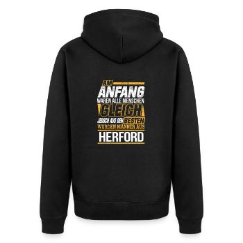 HERFORD wo die Besten Männer herkommen - Unisex Premium Bio Zip Hoodie - Schwarz - Hinten - Nico (187cm)