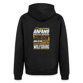 WOLFSBURG wo die Besten Männer herkommen - Unisex Premium Bio Zip Hoodie - Schwarz - Hinten - Nico (187cm)