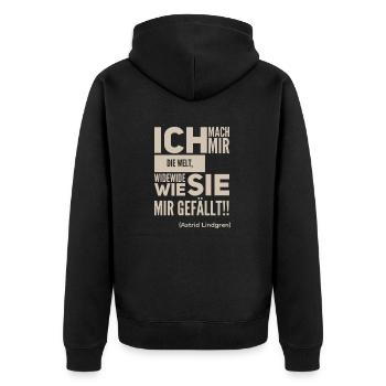 Ich mach mir die Welt widewide wie sie mir gefällt - Unisex Premium Bio Zip Hoodie - Schwarz - Hinten - Nico (187cm)