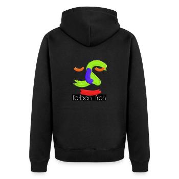 farbenfroh 5 weiss mit balken schw groß - Unisex Premium Bio Zip Hoodie - Schwarz - Hinten - Nico (187cm)