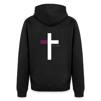 Vergebung Front - Unisex Premium Bio Zip Hoodie - Schwarz - Hinten - Nico (187cm)