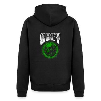 Obey Illustration Fett Grün Virus Schädel - Unisex Premium Bio Zip Hoodie - Schwarz - Hinten - Nico (187cm)