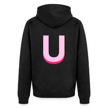 Pop- und moderner rosa Buchstabe u - Unisex Premium Bio Zip Hoodie - Schwarz - Hinten - Nico (187cm)