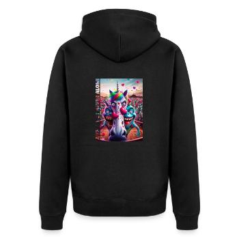 SOKO Glitzer 2025 cute / but never alone #3 - Unisex Premium Bio Zip Hoodie - Schwarz - Hinten - Nico (187cm)