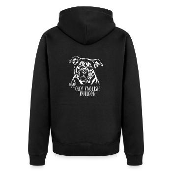Loved by an Olde English Bulldog OEB Hundespruch - Unisex Premium Bio Zip Hoodie - Schwarz - Hinten - Nico (187cm)