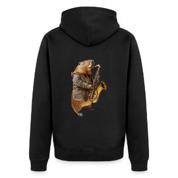 Capybara Saxophon - Unisex Premium Bio Zip Hoodie - Schwarz - Hinten - Nico (187cm)