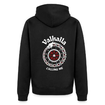 VALHALLA Calling me-VIKING SYMBOLE-WIKINGER RUNEN - Unisex Premium Bio Zip Hoodie - Schwarz - Hinten - Nico (187cm)