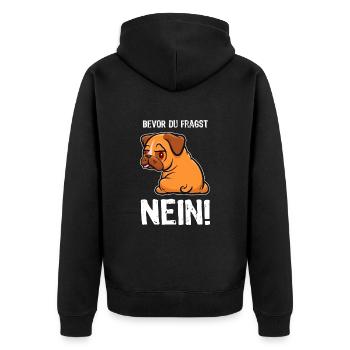 Bevor du fragst - Nein! - Mops - Spruch - Unisex Premium Bio Zip Hoodie - Schwarz - Hinten - Nico (187cm)