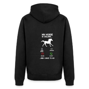 Mein Pferd ruft an - Ich muss los Reiterin - Unisex Premium Bio Zip Hoodie - Schwarz - Hinten - Nico (187cm)