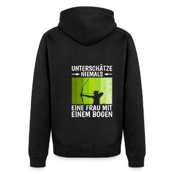 Unterschätze niemals eine Frau mit Bogen Damen - Unisex Premium Bio Zip Hoodie - Schwarz - Hinten - Nico (187cm)