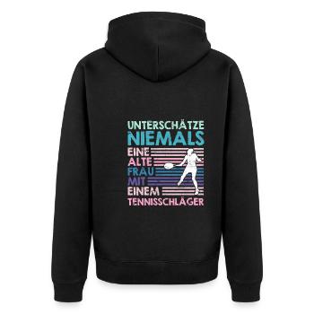 Alte Frau mit Tennisschläger Tennis Oma - Unisex Premium Bio Zip Hoodie - Schwarz - Hinten - Nico (187cm)