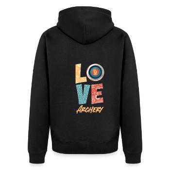 Archer Love Target Archery - Unisex Premium Organic Zip Hoodie - black - Back - Nico (187cm)