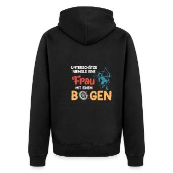 Unterschätze nie Frau mit Bogen Bogenschießen - Unisex Premium Bio Zip Hoodie - Schwarz - Hinten - Nico (187cm)