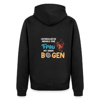 Unterschätze nie Frau mit Bogen Bogenschießen - Unisex Premium Bio Zip Hoodie - Schwarz - Hinten - Nico (187cm)