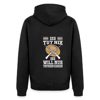 Der tut nix der will nur Tontaubenschießen - Unisex Premium Bio Zip Hoodie - Schwarz - Hinten - Nico (187cm)