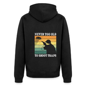 Never too old to Shoot Traps Tontaubenschießen - Unisex Premium Bio Zip Hoodie - Schwarz - Hinten - Nico (187cm)